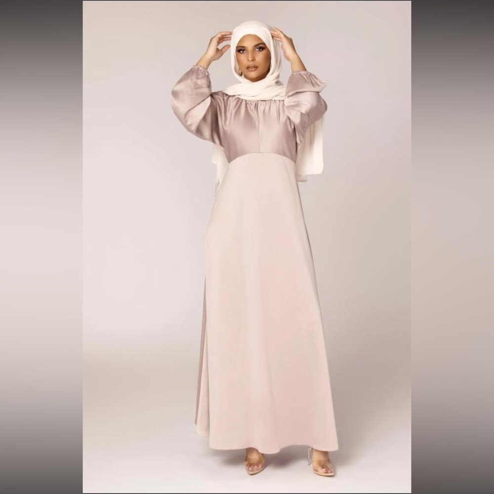 An elegant, modest Mink Satin Batwing maxi dress with long sleeves.
